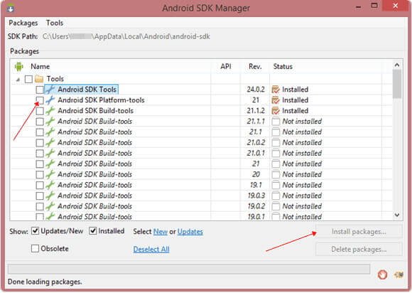 Faites un clic double sur la configuration Android SDK et vérifier la plateforme « Android SDK Tools », puis cliquez sur les packs d’installation. 