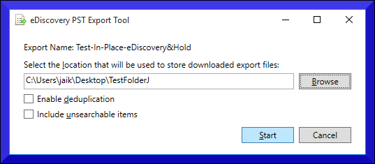 Dans « Outil d’exportation PST de découverte électronique », configurez l’emplacement de sauvegarde du fichier PST d’Outlook. Cliquez ici sur le bouton « Démarrer » pour exporter la boîte aux lettres Office 365 en PST.