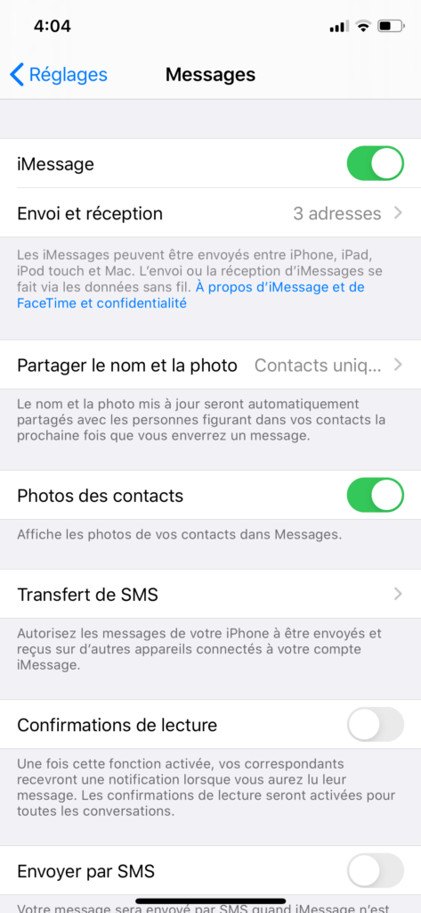 iPhone Réglages Messages
